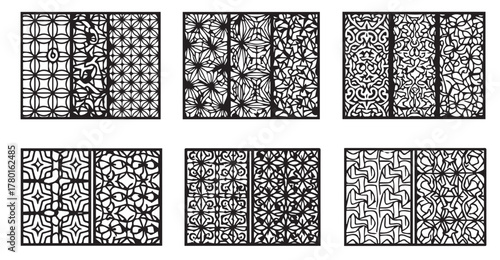 Latticed screens featuring ornamental patterns. Six rectangular panels feature intricate, black ornamental patterns against a white background