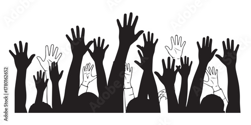 Raised Hands Line Art Illustration black and white. Multiple hands are raised upwards in this black-and-white illustration, each depicted with its palm outward. 