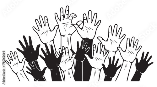 Raised Hands Line Art Illustration black and white. Multiple hands are raised upwards in this black-and-white illustration, each depicted with its palm outward. 