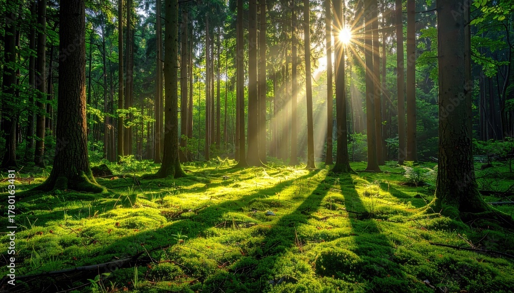 Obraz premium Sunlight Streaming Through Forest Trees Casting Long Shadows on Mossy Ground Bathed in Golden Hour Light