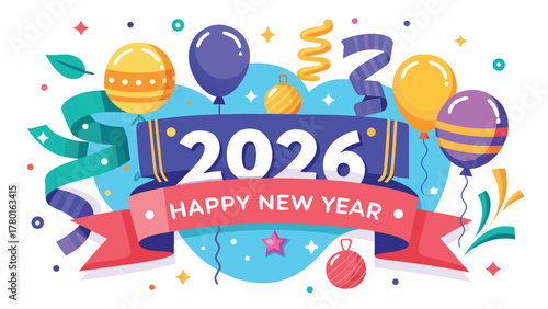 Happy new year 2026 celebration with festive balloons and decor