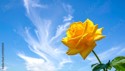 A vibrant yellow rose blooms under a clear, azure sky adorned with wispy, white clouds, creating a striking contrast