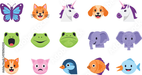 Cute flat hybrid animal emotes with cat-butterfly, dog-unicorn, frog-elephant, and bird-fish in minimal vector style