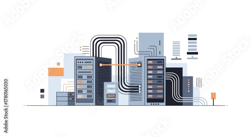 Server Farm Vector Illustration Depicting Data Storage and Network Connectivity