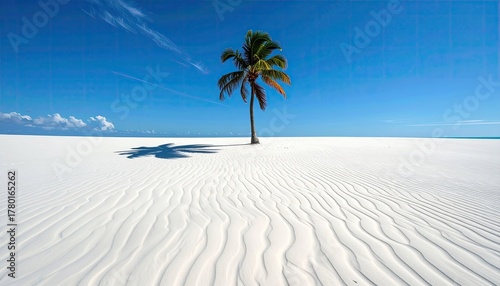 Fototapeta Naklejka Na Ścianę i Meble -  Single Palm Tree Stands Tall On A Vast White Sand Beach Under A Clear Blue Sky With Wispy Clouds Casting Long Shadows On The Ground Creating A Serene Tropical Landscape