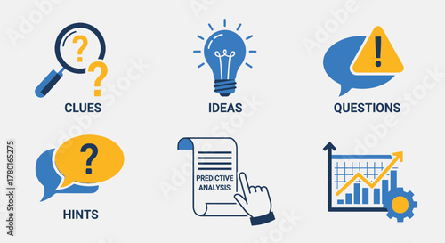 Business insights concept with clues, ideas, questions, hints, analysis and chart