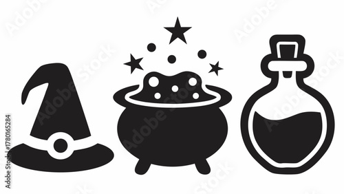 Enchanting Halloween Collection featuring a witch's hat, bubbling cauldron, and potion bottle, perfect for spooky celebrations and magical designs