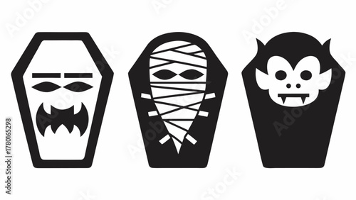 Spooky Halloween Icons: Dracula, Mummy, and Monster Coffin Set for Parties, Invitations, and Decorations with Hauntingly Fun Designs