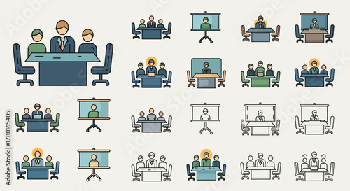Line icons illustrating diverse business meetings, both in-person and virtual conferencing