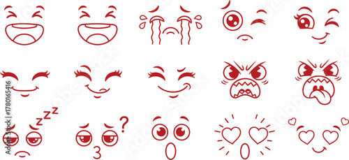Cute black line art cartoon faces showing emotions like laughing, crying, winking, and loving in vector style