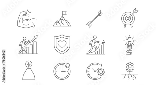Collection of business and personal growth vector line icons on white background