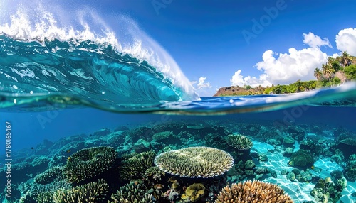 Fototapeta Naklejka Na Ścianę i Meble -  Split level view of a tropical ocean with a crashing wave above and colorful coral reef below on a sunny day with lush green island in the background