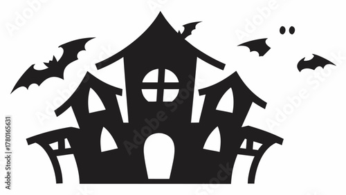 Spooky haunted house with bats flying around, perfect for Halloween invitations, decorations, and eerie designs, originally created as a scalable vector graphic