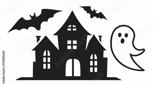 Spooky haunted house with bats and ghost for Halloween decorations, eerie Halloween night with mysterious haunted mansion, great for scary designs