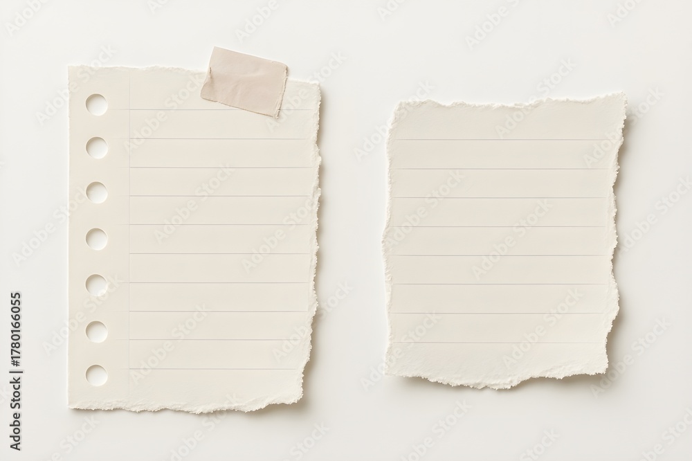 Fototapeta premium Set of Torn Lined Note Paper Pieces with Tape, Isolated on White Background