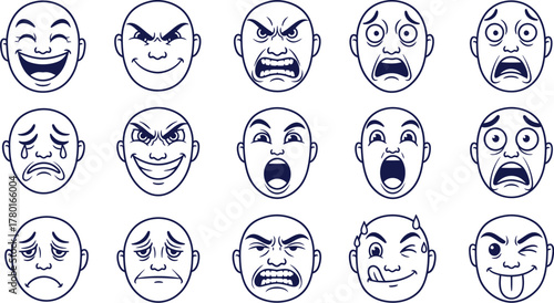 Expressive line art faces showing emotions like joy, anger, fear, sadness, and surprise in minimalist vector style