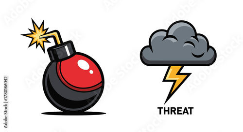 Cartoon Bomb and Storm Cloud Icon Set Representing Danger or Warning Scenarios
