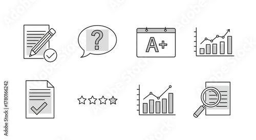 Set of vector line icons representing assessment performance and learning evaluation