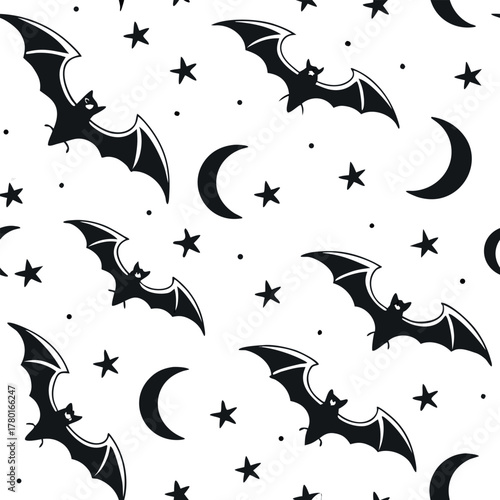 Seamless Pattern of Small Bat Silhouettes with Stars