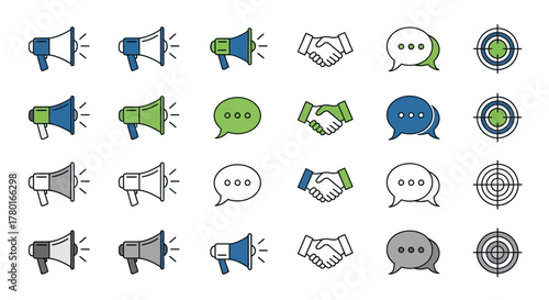 Collection of business related icons representing marketing, communication, and deal making