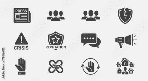 Conceptual icon set depicting reputation, crisis, communication and protection related to media