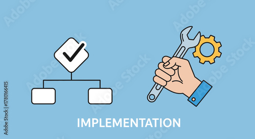 Implementation workflow with flowchart and repair process by hand with wrench and gear