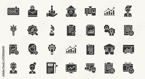 Collection of business, management and strategy concept icons presenting various business strategies