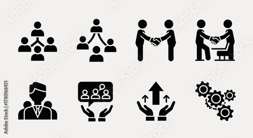 Collection of business and teamwork icons representing collaboration and organization