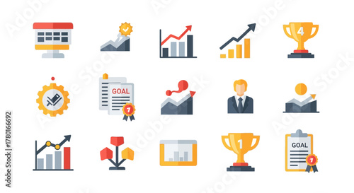 Collection of flat design icons representing business concepts and achievements
