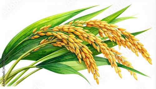 Watercolor illustration of a ripe golden rice plant.