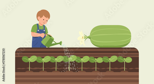 A Young Gardener Waters Seedlings In A Cultivated Bed Next To A Ripening Fruit