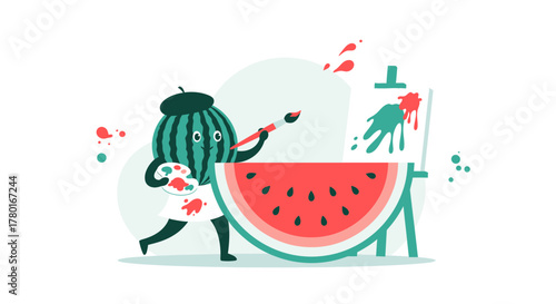 A Whimsical Watermelon Artist Paints a Vivid Masterpiece on Canvas