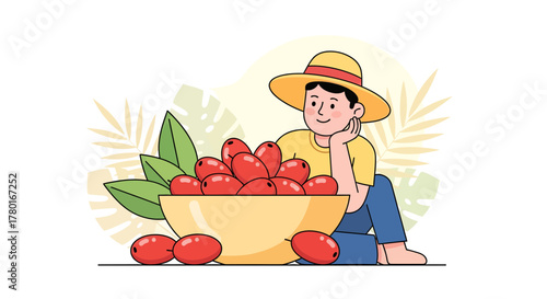 A Young Farmer Contemplating His Fruit Harvest, Smiling and Expressing Gratitude