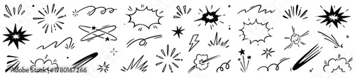 Comic cartoon line explosive effect, speed burst motion element set. Comic boom burst, explosive smoke, line speed cartoon element icon. Hand drawn sketch action boom effect. Vector illustration
