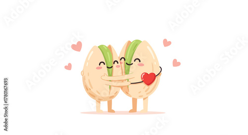 Adorable Pistachios Smiling And Hugging With Love Around A Red Sweet Heart