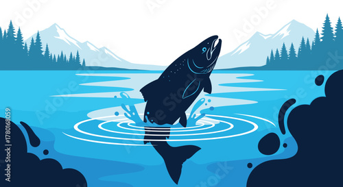 A powerful salmon leaps from the clear blue water of a mountain lake, surrounded by a tranquil pine forest.