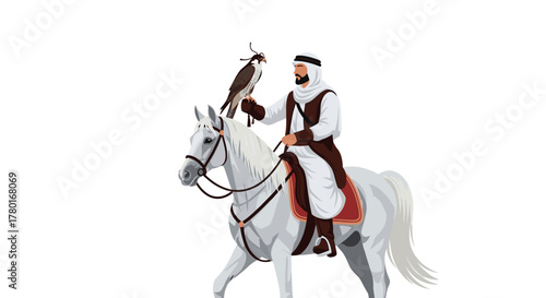 An Arab man in traditional attire rides a white horse, holding a falcon on his gloved hand, symbolizing Arabian heritage and falconry.