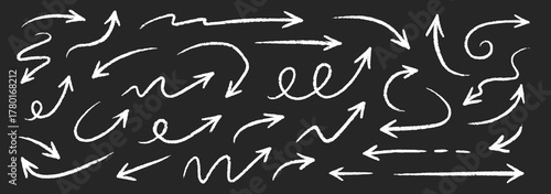 Hand drawn chalk arrow vector set. Hand drawn sketch chalk crayon rough texture brush stroke organic line arrow. Doodle crayon pencil direction element on blackboard background. Vector illustration