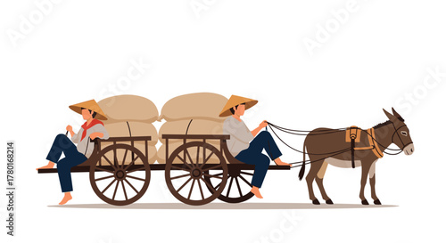 Two workers wearing conical hats transport sacks of goods on a traditional wooden cart pulled by a donkey through a rural landscape.