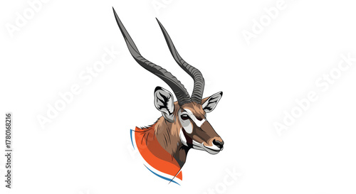 Majestic roan antelope head vector illustration, featuring impressive curved horns and unique facial markings, accented by a vibrant abstract design.