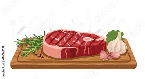 A juicy grilled steak with distinct char marks, accompanied by fresh rosemary, garlic, and peppercorns, presented on a rustic wooden cutting board.