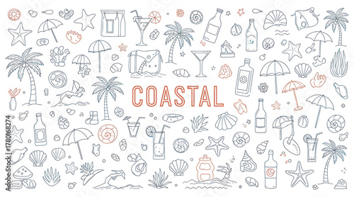 A coastalthemed pattern featuring various beach elements such as palm trees, cocktails, umbrellas, and seashells, creating a summery and relaxing vibe
