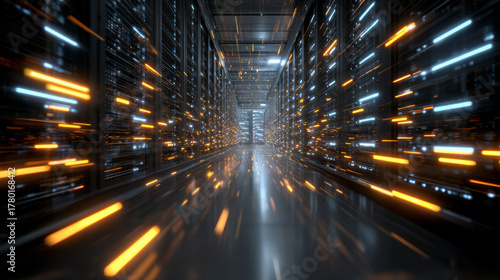 Futuristic data center corridor with glowing server rack lights, high speed network, digital technology, cyber security, blue and orange
