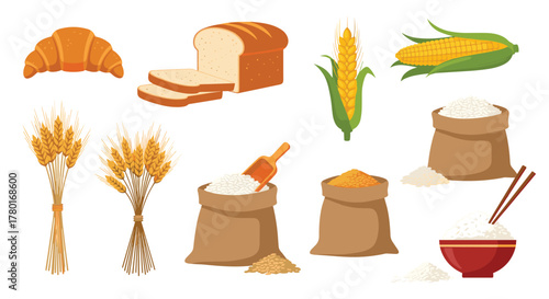 Collection of illustrations depicting various grains such as wheat, corn, and rice, along with derived products like bread, flour, and meals.