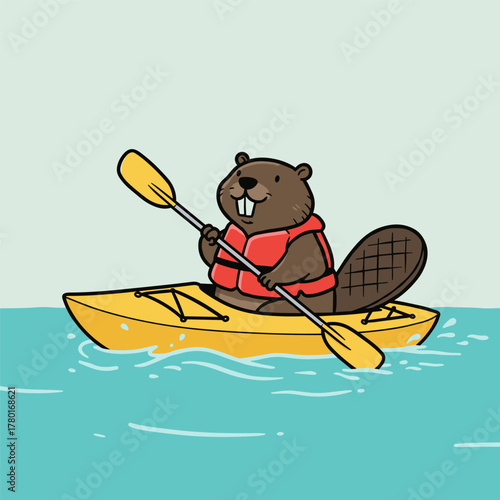 Cartoon beaver wearing a life vest and paddling a yellow kayak on water.