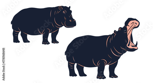 Two stylized hippos, one standing peacefully and the other with its mouth wide open, displaying its powerful jaws.