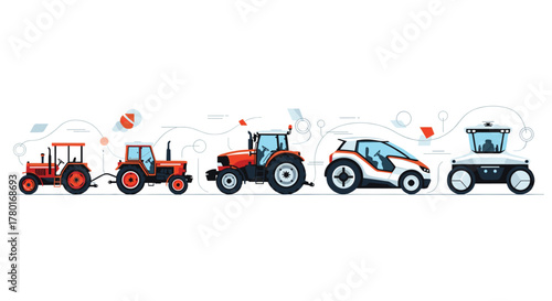The technological evolution of farm machinery, from traditional tractors to smart farming vehicles and future autonomous agricultural robots.