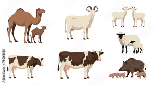 A collection of various domestic and wild animals including camels, goats, sheep, cows, and wild boars, some depicted with their young on a white background.