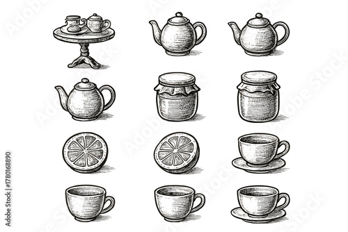 Kettle icon jar setup honey cup lemon vector icons afternoon tea slice