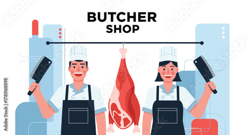 Two happy butchers, a man and a woman in uniform, stand in their shop with cleavers, ready to sell fresh meat.
